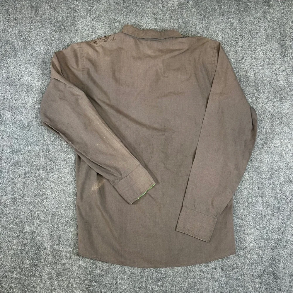 Vintage Split Mens Long Sleeve‎ Button Down Shirt Brown Green Trim Skater Large